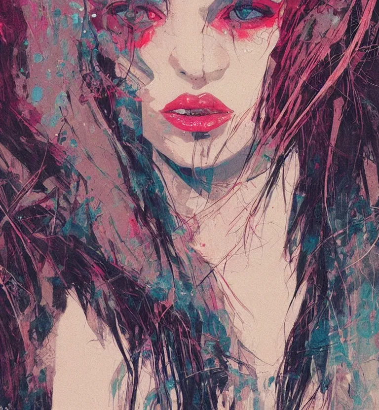 Image similar to close up portrait painting of a female dressed in nineties street styling, concept art, intricate details, highly detailed, aesthetically pleasing pastel colors, art by conrad roset