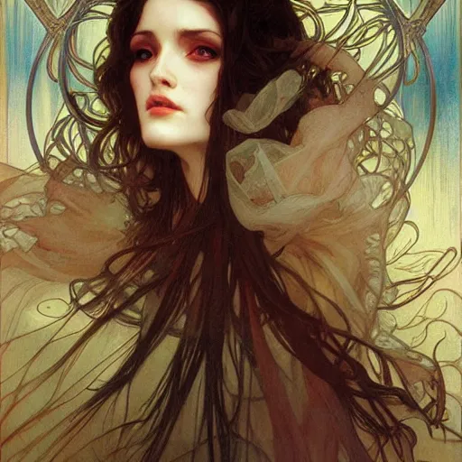 Prompt: realistic detailed face portrait of a Ghostly Ethereal Vampire Bride by Alphonse Mucha, Ayami Kojima, Amano, Charlie Bowater, Karol Bak, Greg Hildebrandt, Jean Delville, and Mark Brooks, Art Nouveau, Neo-Gothic, gothic, rich deep moody colors