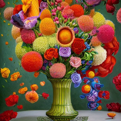 Prompt: hyper detailed 3d octane render illustration like a Oil painting - a vivid crazy flower bouquet, long petals, huge blossoms, by Jacek Yerka, Mariusz Lewandowski, Marious generative render, long brush strokes, Masterpiece, Edward Hopper and James Gilleard, Mark Ryden, Wolfgang Lettl, hints of Yayoi Kasuma, octane render, 8k