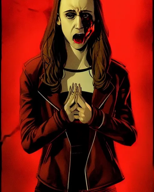 Image similar to in the style of Rafael Albuquerque comicbook art and Joshua Middleton, moody lighting, beautiful evil vampire Taissa Farmiga sharp bloody vampire fangs, evil smile showing fangs, symmetrical eyes, realistic face, symmetrical face, brown leather jacket, jeans, long black hair, full body