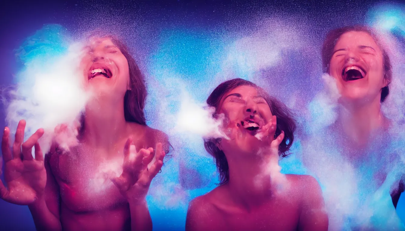 Image similar to humans , feedback loop , burst of powders ,volumetric lighting, twisting vapour, bellowing dust , emerging hands and beautiful laughing with woman’s face , full colour , upscale , 4k