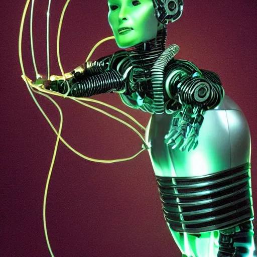 Image similar to the torso of fully a mechanical terminator lady with borg implants, human face and robotic snakes coming out of her head is hanging from cables and wires off the ceiling of an futuristic computer lab and plugged into a quantum computer. Her bottom half is missing with cables hanging out. She is taking a sip from a cup of coffee. Tiny green led lights in her cybernetics. very detailed 8k. Cyberpunk horror style.