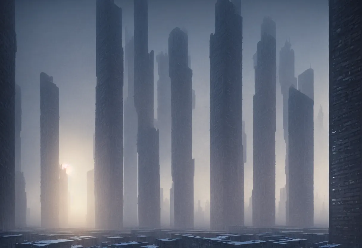 Prompt: soviet brutalist skyscrapers and concrete block city from surface of frozen winter planet at sunset, ultra high definition, ultra detailed, symmetry, fog, matte painting, by greg rutkowski and ross tran and wlop