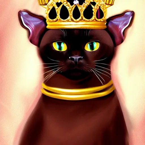 Image similar to chocolate burmese cat wearing royal crown and robes, artstation, fantasy