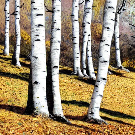 Image similar to Silver birch trees by chunks of bedrock on the side of a hill, digital art, postcard