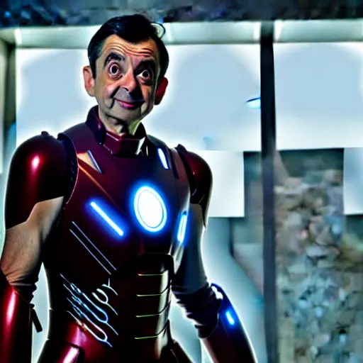 Image similar to mr. bean as ironman in the avengers movie. movie still. cinematic lighting.