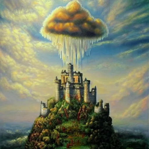 Image similar to A beautiful mixed media art of a castle in the clouds. mariachi by Bob Byerley sad