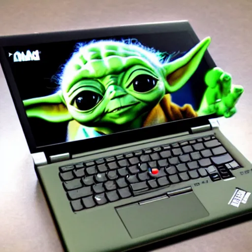 Image similar to baby yoda using a ThinkPad, highly detailed, realistic, cinematic