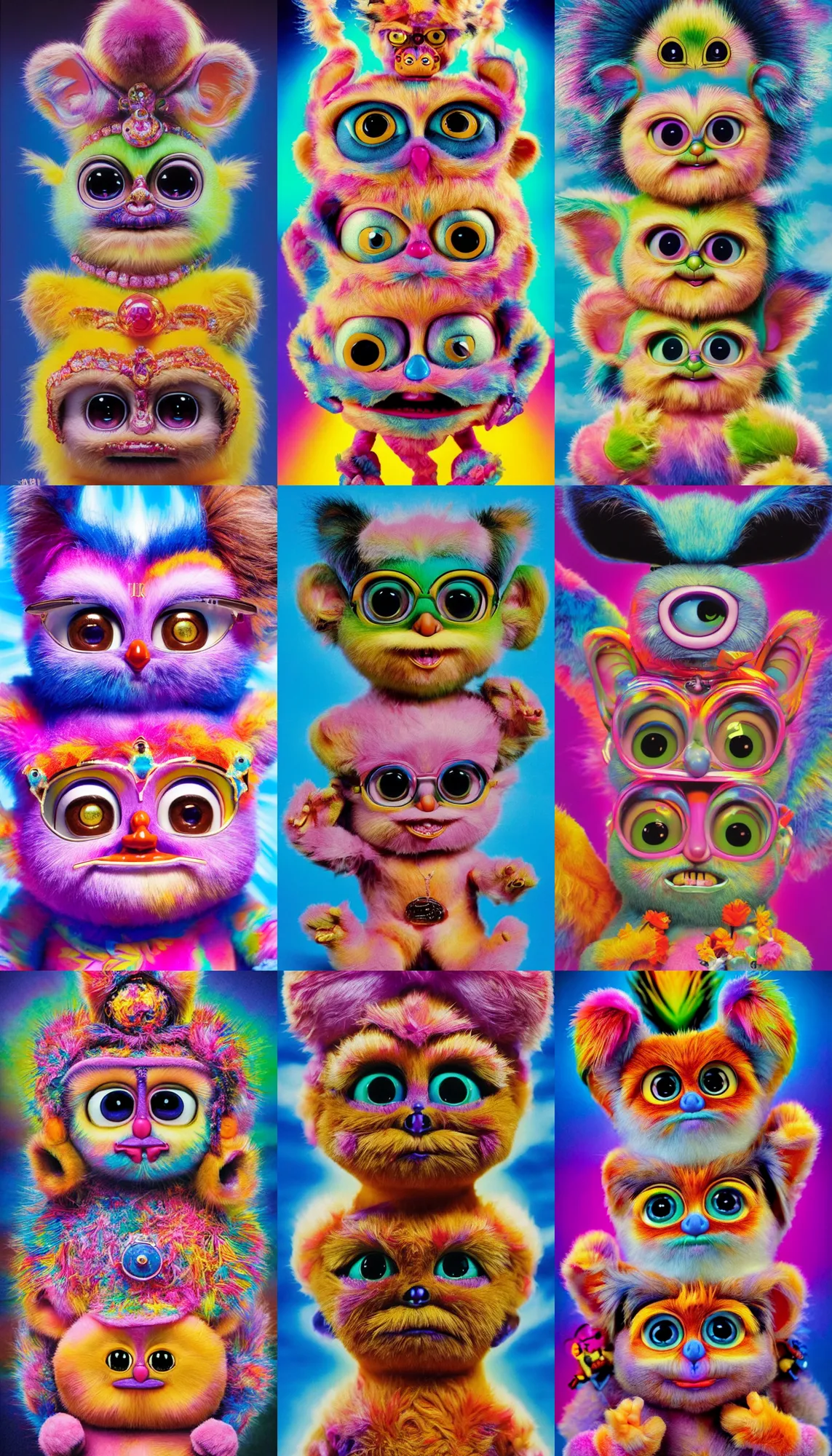 Image similar to hyperreal hindu furby god, kawaii high definition lifelike portrait art on 35mm film by Lisa Frank, Akira Toriyama and Salvador Dali