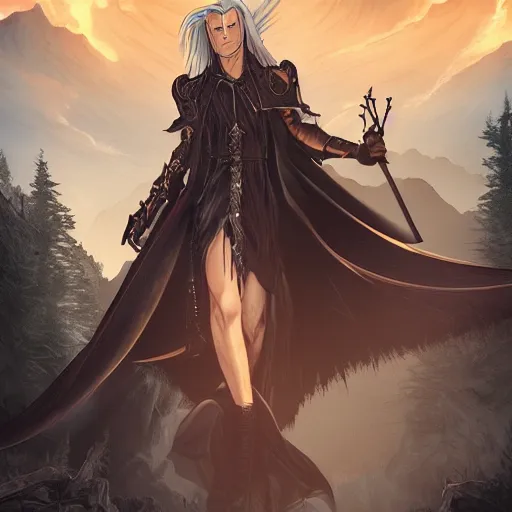 Prompt: sephiroth, Female Mage conjuring a spell, realistic, ultra detailed, menacing, powerful, dark, golden hour, forest, mountains in the background concept art Ross Tran