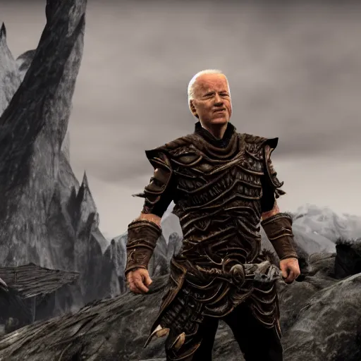 Image similar to joe biden stand with dragon born in skyrim world. 8 k, hd, detailed.