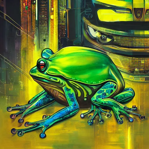 Prompt: a painting of a green frog on top of a yellow bus, cyberpunk art by android jones, behance contest winner, funk art, detailed painting, high detail, dystopian art