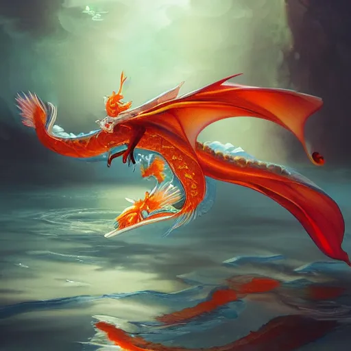 Prompt: opalescent koi dragon flying through water, art, fantasy, intricate, elegant, highly detailed, digital painting, trending on artstation, concept art, smooth, sharp focus, hyperrealistic, illustration, art by Loish and WLOP