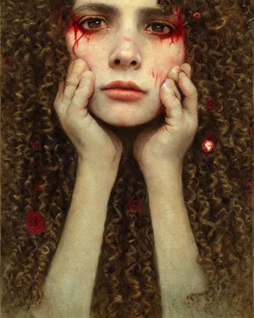 Prompt: a beautiful but sinister girl in layers of fear, with haunted eyes and curly hair, 1 9 7 0 s, seventies, delicate embellishments, a little blood, crimson, painterly, offset printing technique, by jules bastien - lepage, mary jane ansell