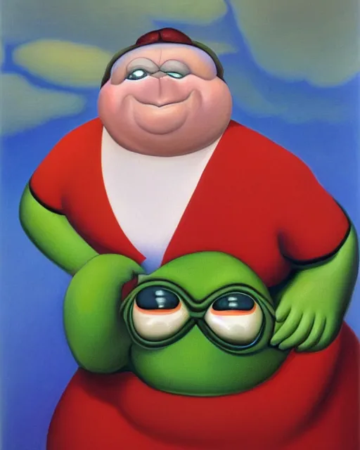 Image similar to a fernando botero painting of kermit the frog