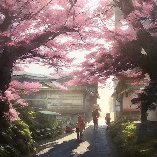 Image similar to walking around misumi west port and manda pit, kumamoto, japan. volumetric lighting, nice spring afternoon, sunny weather, ( few clouds ), photorealistic illustration, perfectly shaded, soft painting, art by krenz cushart and wenjun lin