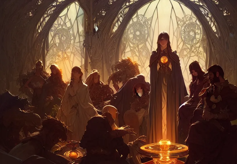 Image similar to the council of the first circle, fantasy magic, dark light night, intricate, elegant, sharp focus, illustration, highly detailed, digital painting, concept art, matte, art by wlop and artgerm and greg rutkowski and alphonse mucha, masterpiece