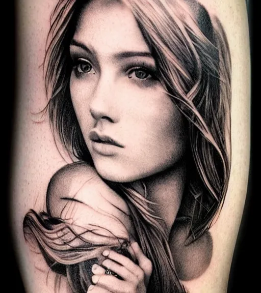 Image similar to a beautiful girl portrait, faded mountain background, realism tattoo, in the style of den yakovlev, black and white, hyper realistic, highly detailed