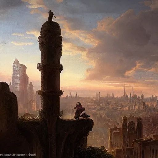 Image similar to a girl looks over a city at sunset, the city is a sprawling medieval city that is built amidst decaying brutalist cyclopean architecture and overgrown by the rainforest, rpg, hubert robert, cityscape, vista, dying earth