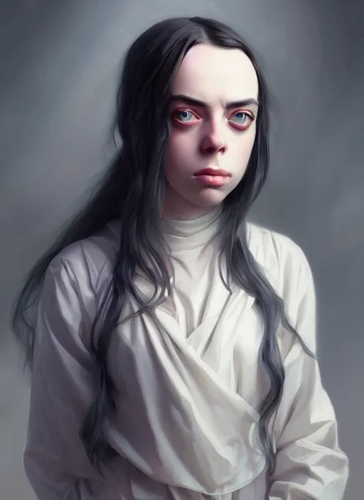 Image similar to Overlord Billie Eilish, slight smile, highly detailed, digital painting, artstation, concept art, sharp focus, illustration, art by wlop and J. C. Leyendecker and Edmund Bliar Leighton and Charlie Bowater