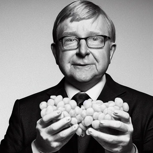 Prompt: high quality realistic photo of Kevin Rudd as a bodybuilder squeezing a bag of grapes. Lighting in the style of Bill Henson.