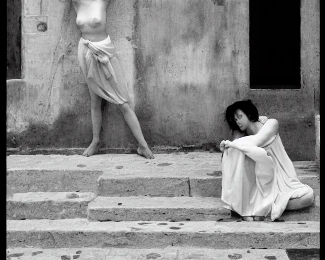 Prompt: Sappho chilling in the streets of Ancient Greece, candid, 35mm film, by Fan Ho