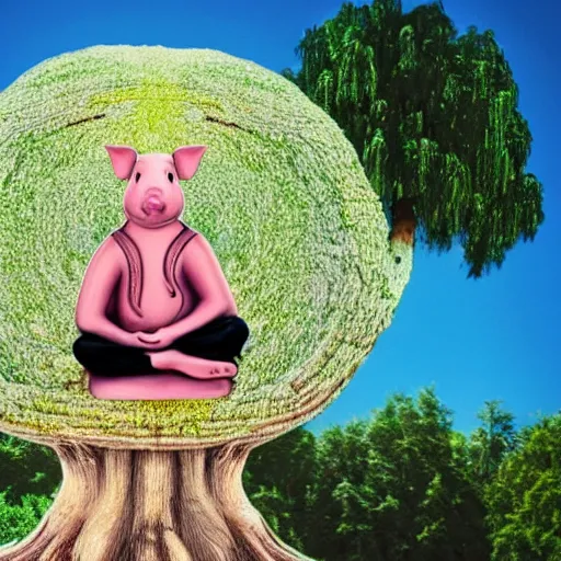 Image similar to a cute pig, meditating like buddha wearing mala beads, on top of a giant mushroom, large willow tree in the background.