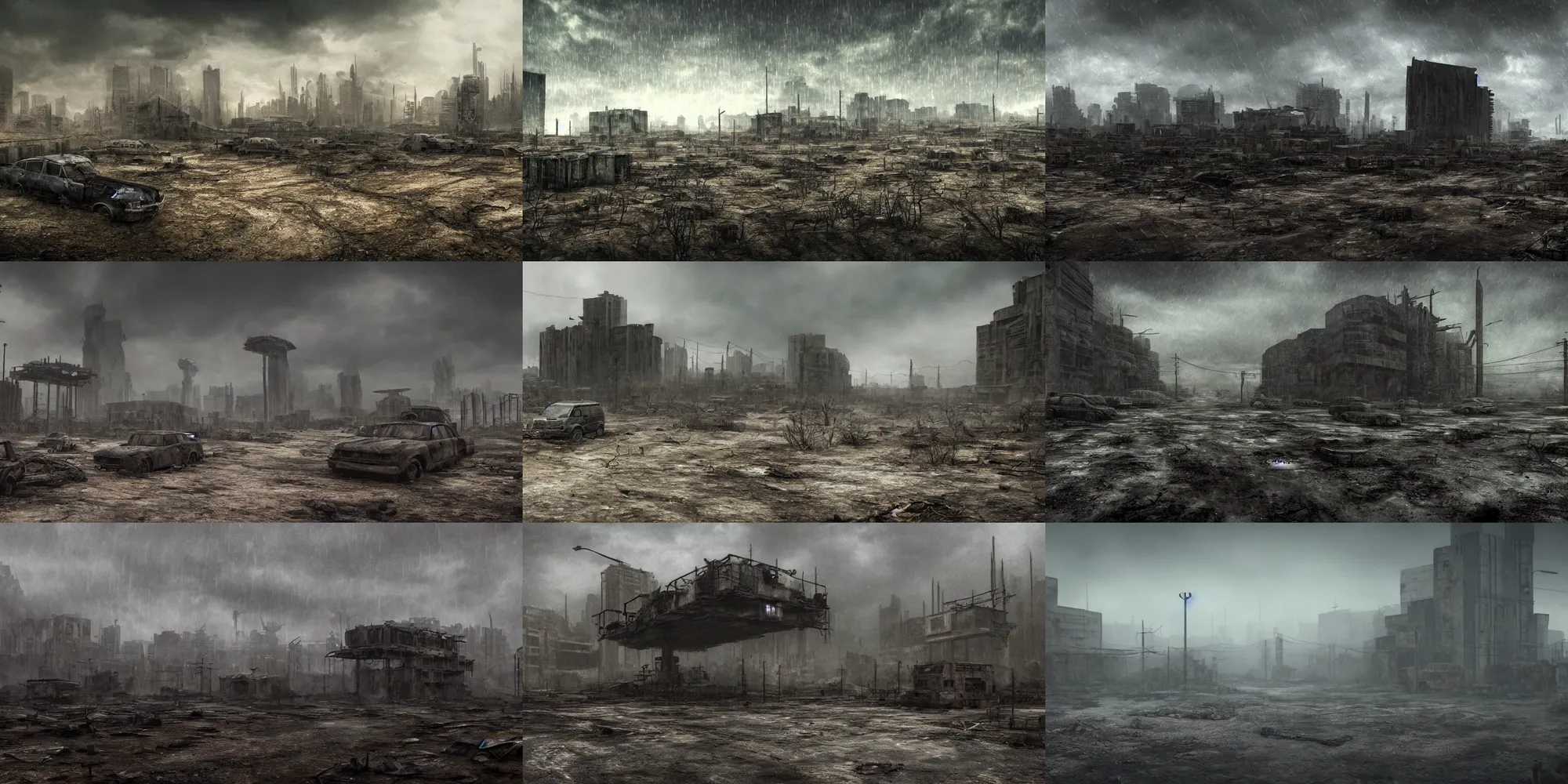 Prompt: Dystopian wasteland, cinematic style, ultra realistic, dark, rain, HDR
