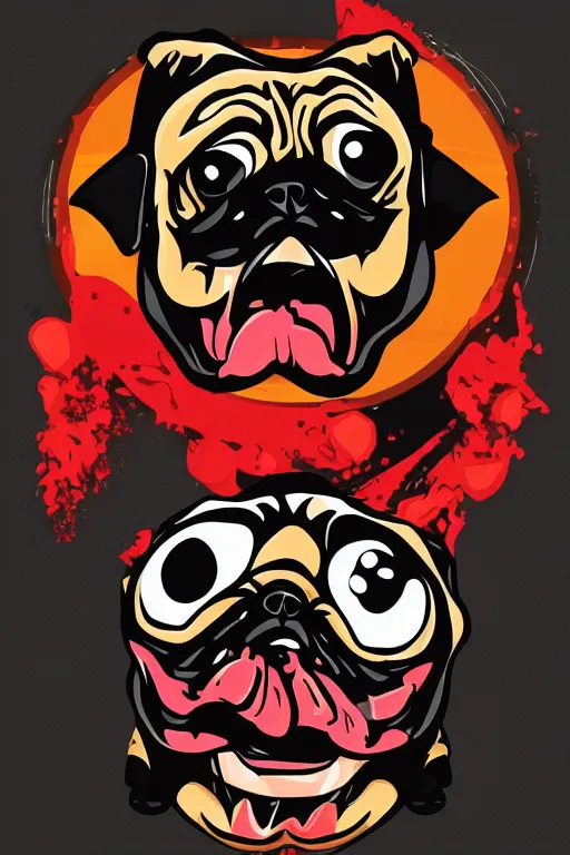 Prompt: Evil pug, the devil, sticker, blood thirsty, spawn of Satan, blood, evil, colorful, illustration, highly detailed, simple, smooth and clean vector curves, no jagged lines, vector art, smooth