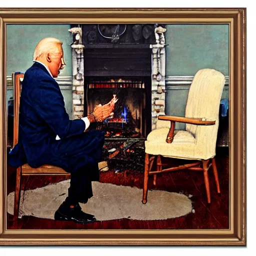 Image similar to eye level portrait painting by Norman Rockwell of Joe Biden sitting in a chair. Cozy fire. Legs apart