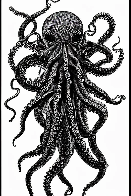 Image similar to black ink on paper, alien octopus, trending on artstation, beautiful, intricate, detailed