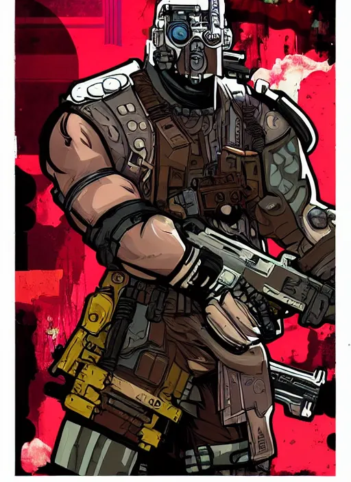 Prompt: buff cyberpunk mercenary. portrait illustration, pop art, splash painting, art by ashley wood, alphonse mucha, laurie greasley and josan gonzales ( apex legends )