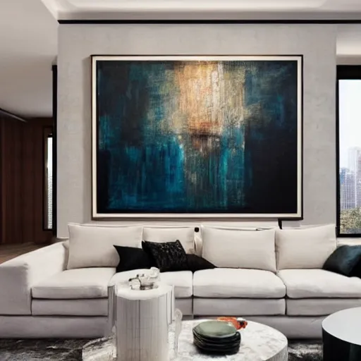 Prompt: mockup photo of luxury contemporary interior with large contemporary paintings for rich collectors, trending on pinterest, sharp hdr cinematic lighting 8 k