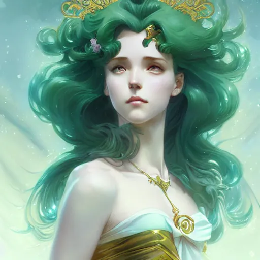 Image similar to Sailor Neptune, fantasy, intricate, elegant, highly detailed, digital painting, artstation, concept art, matte, sharp focus, illustration, art by Artgerm and Greg Rutkowski and Alphonse Mucha