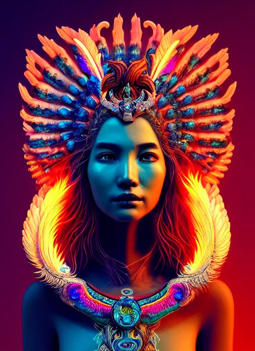 Image similar to a 3 d wlop goddess portrait, 8 k micro details beautiful intricate highly detailed quetzalcoatl skull and feathers. bioluminescent, fire, snow, thunderstorm! artwork by tooth wu and wlop and beeple and greg rutkowski, trending on artstation,