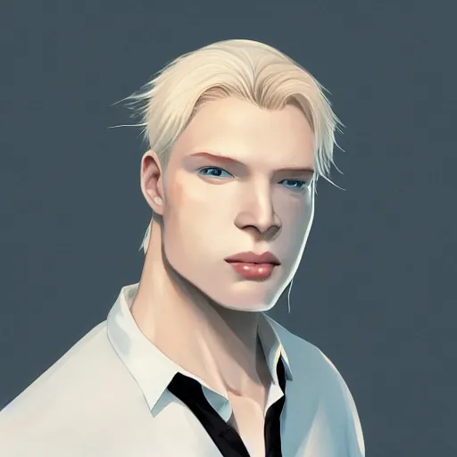 Image similar to portrait of the male model Lucius Bjornsson with beautiful long pale blond hair, albino white pale skin, posing for a photoshoot in the golden hour, white dress shirt and black miniskirt, broad shoulders and huge thick arms, ambient lighting, 4k, anime key visual, lois van baarle, ilya kuvshinov, rossdraws, artstation