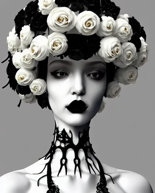 Image similar to dreamy surreal poetic black and white 3D render of a beautiful young porcelain female-creature-cyborg-vegetal with a very long neck and a super big gothic lace collar filled with dead flies and a very high big floral crown with many black dry roses:: smoke, high fashion, haute couture, rococo, avant-garde, elegant, dreamy, hyper realistic, 150 mm lens, soft rim light, octane render, unreal engine, volumetric lighting, dramatic light,8k,
