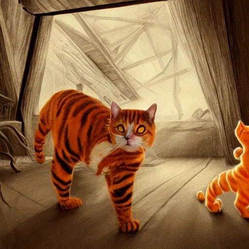 Prompt: an orange tabby cat and a bengal cat chasing ghosts in an attic, intricate, detailed, spooky, masterpiece, trending on artstation, digital art