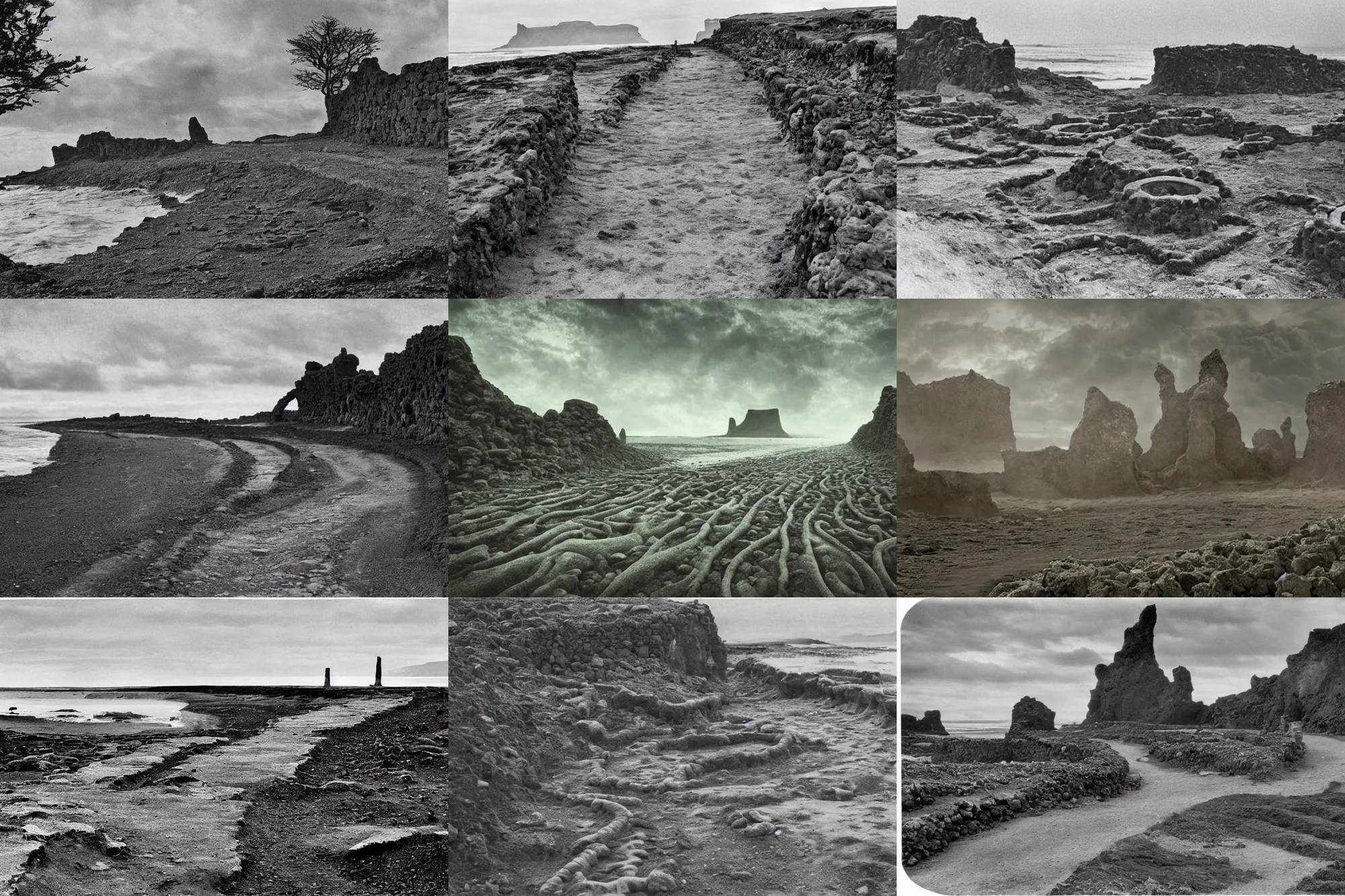 Prompt: Old photograph of ancient pathways on a beach on the north of iceland and roads into hell lined with stone humans and demons, ending at an unknown gateway deeper into hell, photorealistic, detailed, intricate