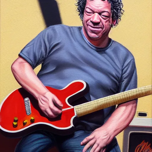 Image similar to Caricature portraits done of Dean Ween playing a guitar live on stage, realistic, hyperrealistic, very realistic, highly detailed, very detailed, extremely detailed, detailed, oil painting, digital art, trending on artstation