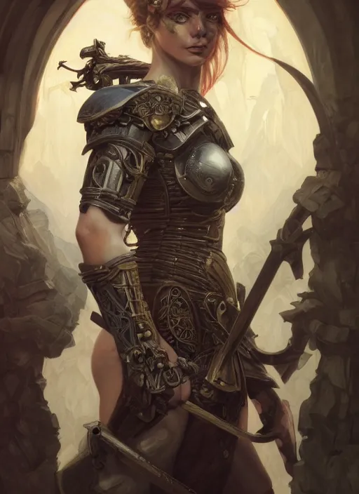 Image similar to portrait of beautiful pale gothic muscular warrior girl with sword, warhammer 40000, cyberpunk, intricate, elegant, highly detailed, digital painting, artstation, concept art, smooth, sharp focus, illustration, art by artgerm and greg rutkowski and alphonse mucha and Gustav Klimt and Ilya Kuvshinov