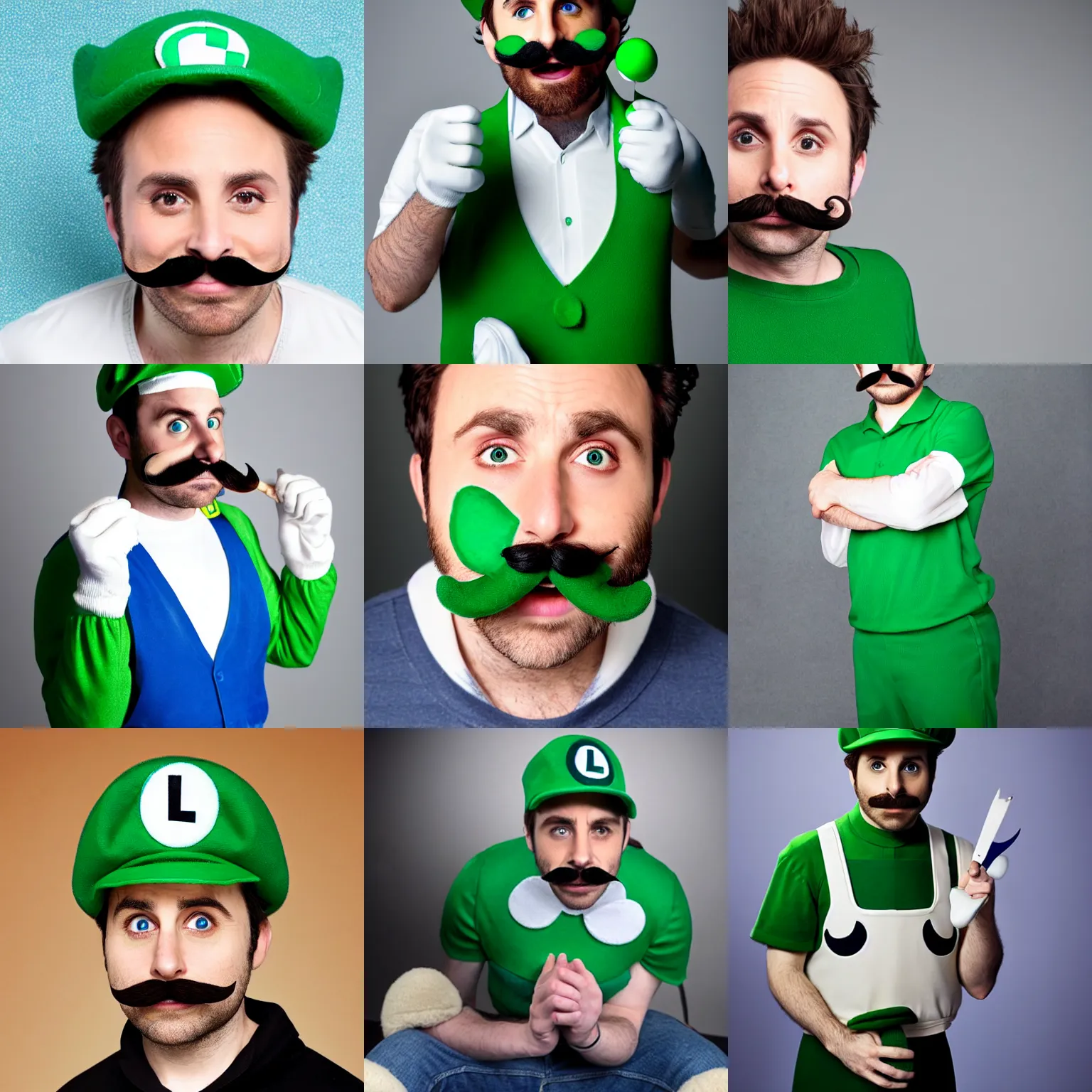 Prompt: charlie day with a mustache dressed as luigi, cosplay, detailed face, promo shoot, studio lighting