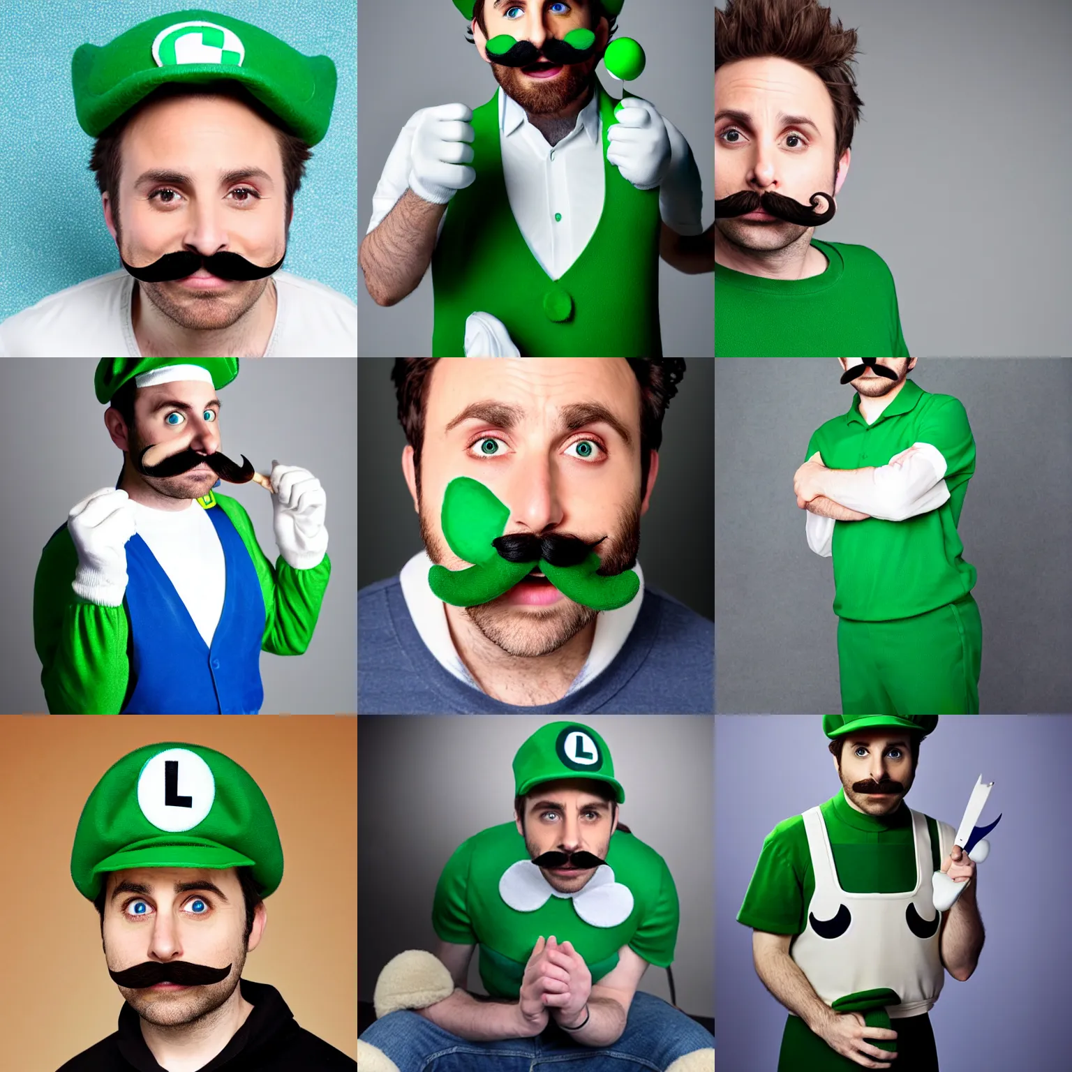 charlie day with a mustache dressed as luigi, cosplay