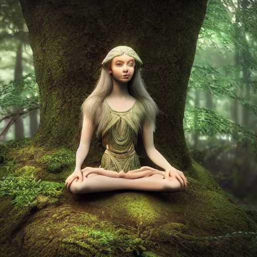 Prompt: elven princess meditating in forest, digital art, octane render, ultra detailed, intricate, sacred geometry, serene, beautiful, photo, realistic, perfect, smooth, 8k
