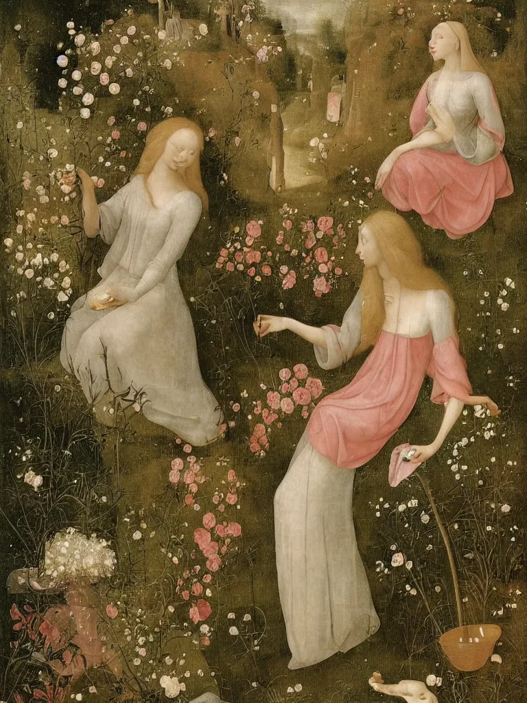 Image similar to beautiful woman with long golden hair, wearing chiffon dress, sitting among large flowers in the garden, in the style of hieronymus bosch,