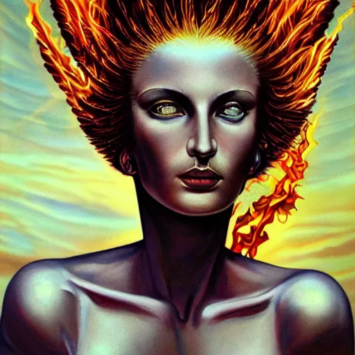 Image similar to A beautiful painting of a goddess with a body made of flames by Jim Burns, ultra-detailed