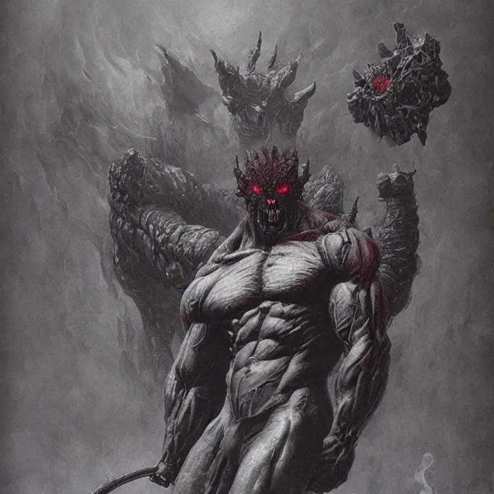 Image similar to demon berserker, symmetrical, muscular body, demon, balrog, beksinski