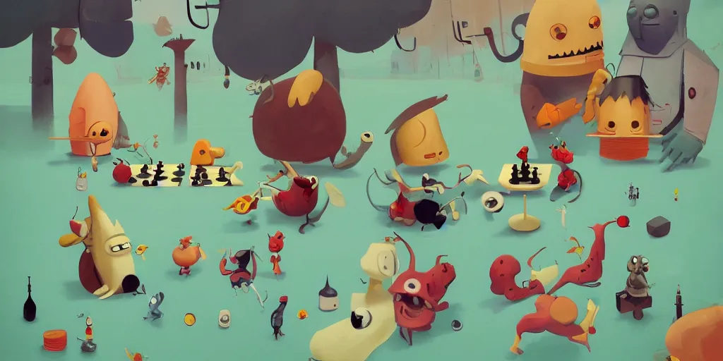 Prompt: cute cartoon monsters playing chess by Goro Fujita and Simon Stalenhag and Klimt and Basquiat and Picasso and Kandinsky and Magritte, 8k, trending on artstation, hyper detailed, cinematic