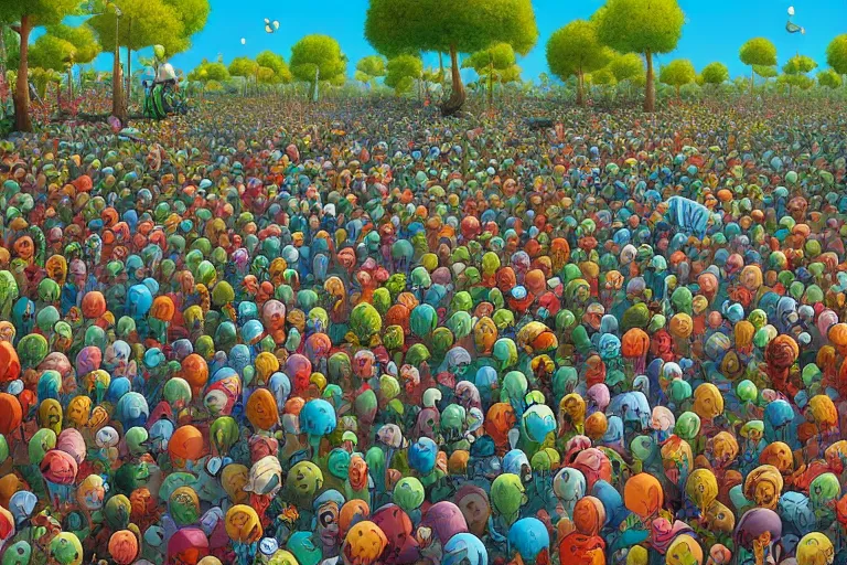 Image similar to where's waldo?, summer morning, very coherent and colorful high contrast, art by gediminas pranckevicius, geof darrow, dark shadows, hard lighting