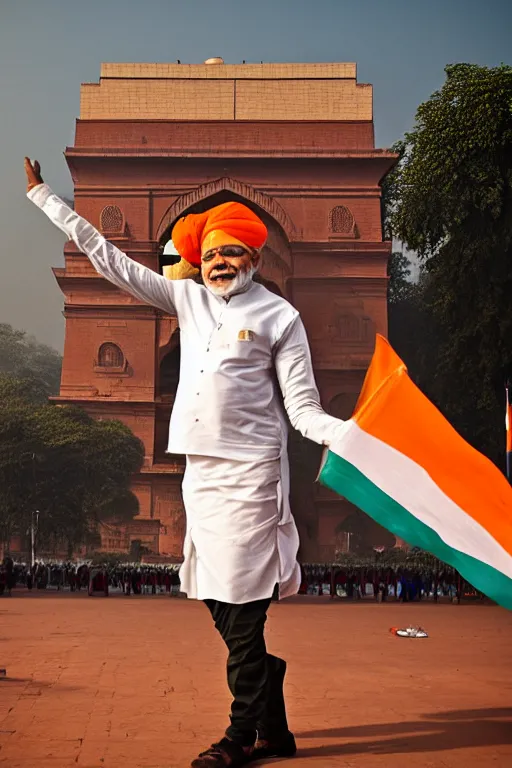 Image similar to narendra modi dancing in india gate closeup, india, detailed, photography alexey kurylev, cinematic